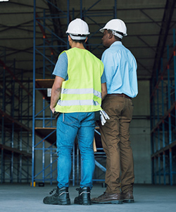 Two construction workers talking in warehouse.