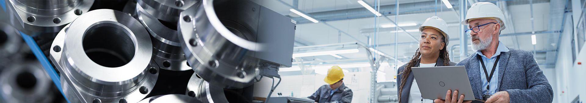 Metal parts and engineers with hard hats as masthead image.